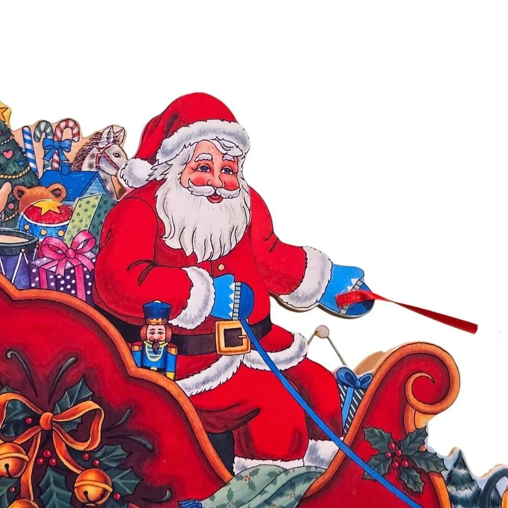 90s Christmas Animated Santa Sleigh‎ Reindeer Wooden Musical Winter Wall Decor